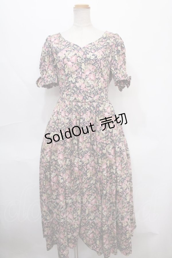 画像1: LAURA ASHLEY / 花柄タックフレアワンピース  紺 Y-24-09-12-095-LO-OP-SZ-ZY (1)