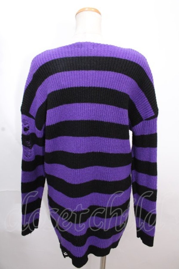 画像2: NieR Clothing / UNISEX STRIPE DAMAGE SWEATER F 黒×紫 Y-24-12-12-048-PU-TO-SZ-ZT095 (2)